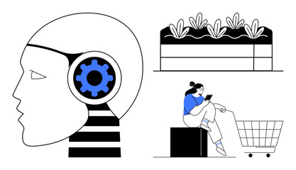 Human head with gear for brain, nature garden with plants, person seated while using smartphone. Ideal for technology progress, sustainable practices, digital consumption, innovation, human