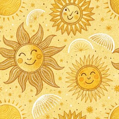 Cheerful sun and star pattern with whimsical faces on textured background
