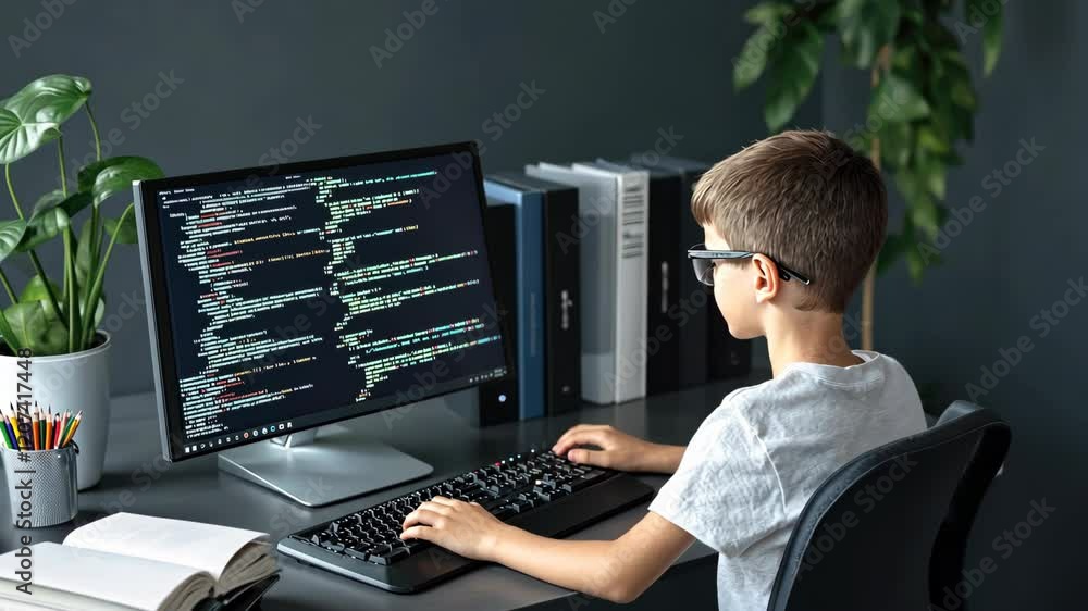 Poster a child engages in programming on a computer in a sleek home office filled with greenery, books, and