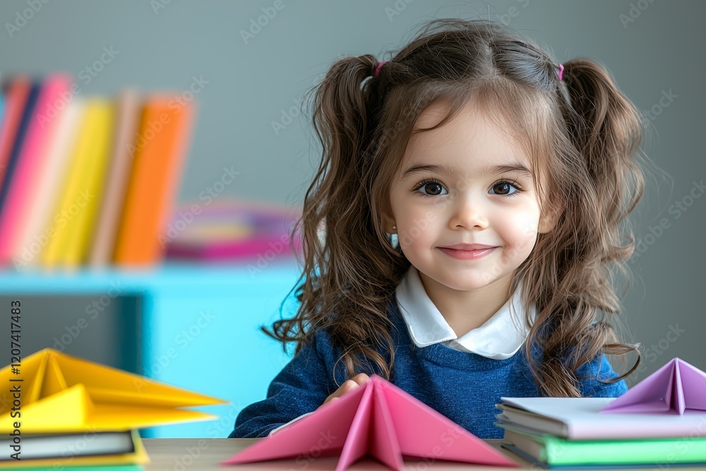 Poster little girl is sitting at a table with a stack of books and a paper airplane. she is smiling and she