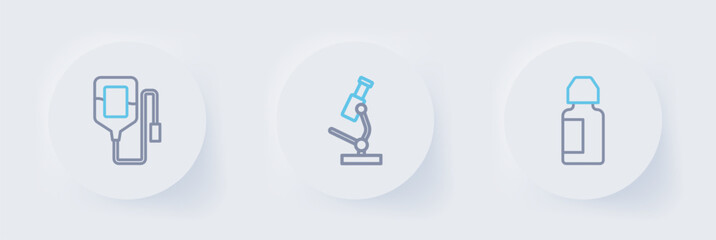 Set line Eye drop bottle, Microscope and IV bag icon. Vector