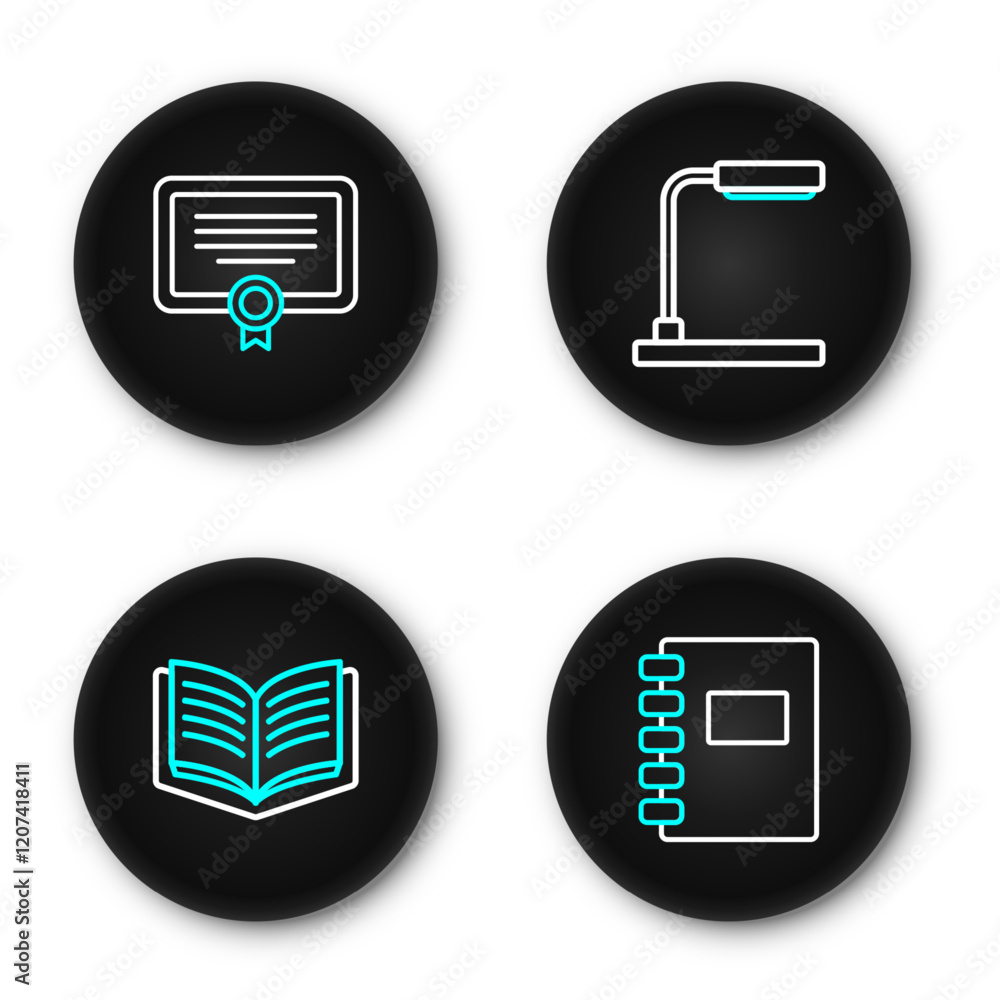 Poster set line spiral notebook, open, table lamp and certificate template icon. vector
