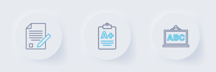 Set line Chalkboard, Exam sheet with A plus grade and and pencil icon. Vector
