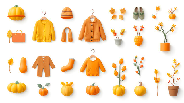Autumn seasonal clothes and plants 3d vector icons collection. Cute three dimensional yellow and orange plastic objects set isolated on white background. Generative AI