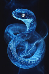 Fototapeta premium Blue snake with glowing scales and eyes on a dark background with smoke effects