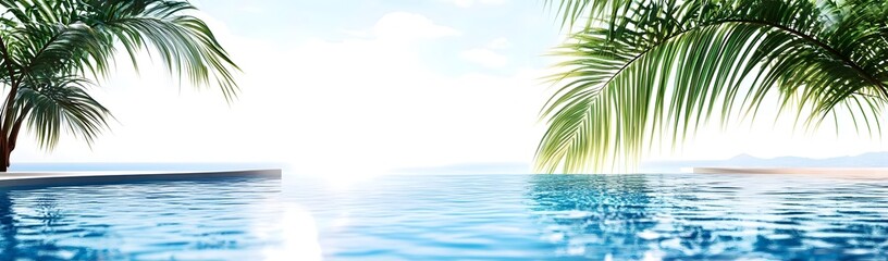 Fototapeta premium A serene pool scene with palm trees and a bright horizon, evoking relaxation and tranquility.