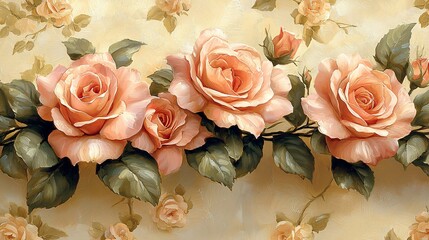 Peach roses painting with soft brushstrokes and a warm palette creating a romantic atmosphere