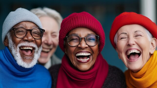Group of older people are smiling and laughing together. They are wearing hats and glasses, and one of them is wearing a red hat