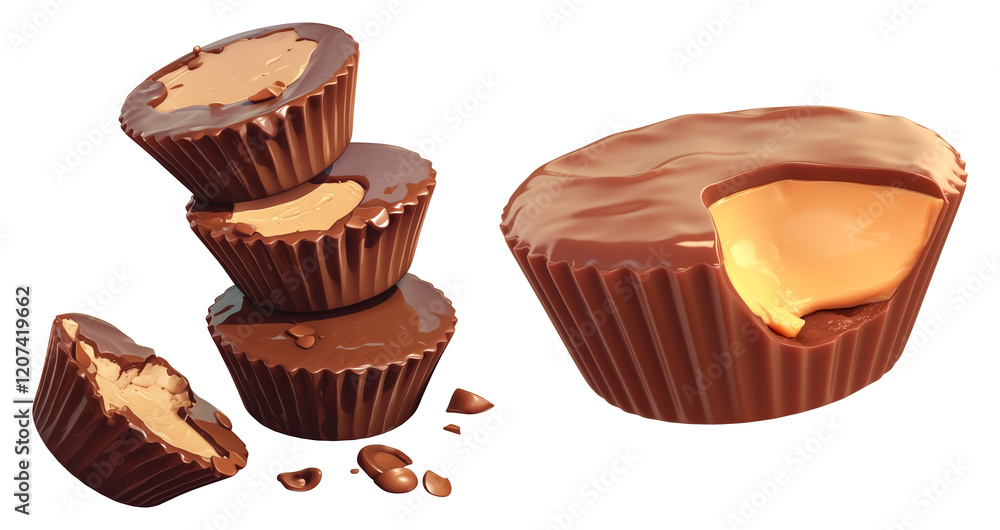 Poster stack of cartoon peanut butter cups with creamy filling isolated on white