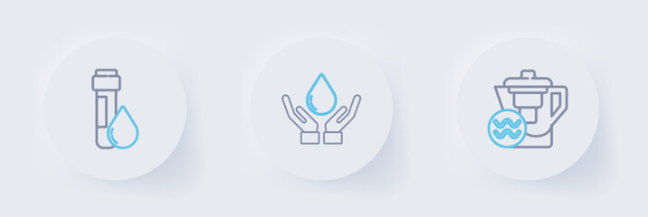 Set line Water jug with a filter, Washing hands soap and Test tube water drop icon. Vector