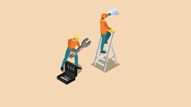 One technician is standing on a ladder, installing or repairing a security camera 3d animation cartoon