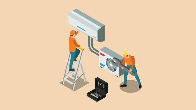 two technicians working together to repair an air conditioning unit 3d animation cartoon