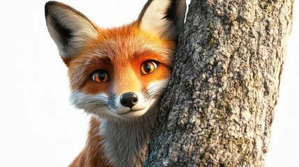 A close-up view of an adorable fox peeking from behind a tree trunk with bright orange eyes