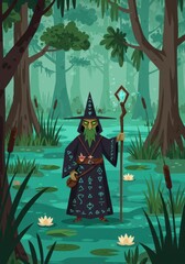 Enigmatic wizard in a mystical swamp forest with magical symbols