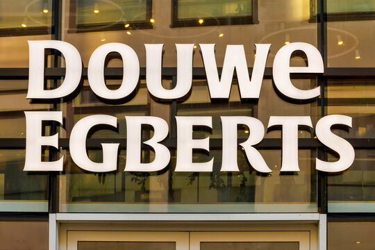 Entrance logo of a Douwe Egberts coffee bar, a Dutch brand of coffee which is majority-owned by JDE Peet's, in Arnhem, The Netherlands on January 13, 2025