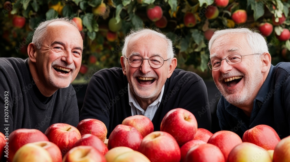 Poster three men are laughing and smiling while looking at a pile of apples. the apples are red and are pil