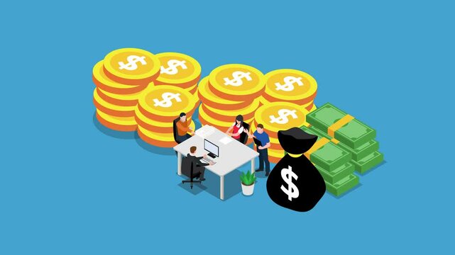 A group of people are gathered around a table with Stacks of gold coins, bundles of banknotes, and a money bag are scattered around 3d animation cartoon