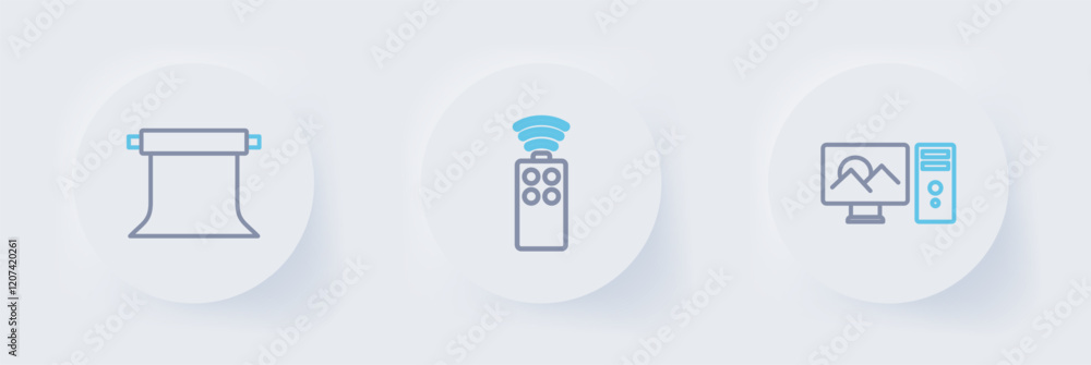 Poster set line photo retouching, remote control for camera and empty photo studio icon. vector