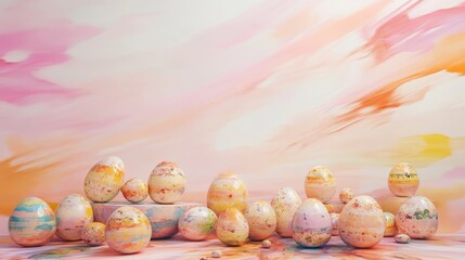 Decorative Easter eggs with intricate patterns surrounded by soft pastel foliage and leaves on a white background. Festive design concept