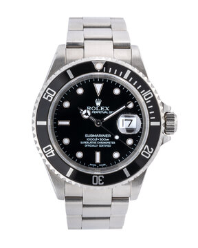 Rolex watch, Submariner model, reference 16610. Automatic watch, steel case. Made for the Giraglia regatta. On white background. Milan. Italy_ September 10_ 2024