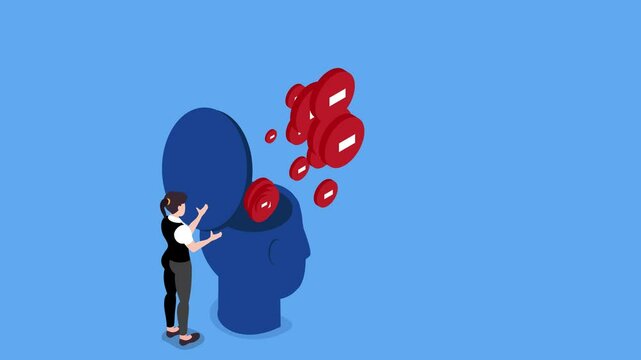 a woman standing next to a large human head with an open top to release negative thoughts 3d animation cartoon
