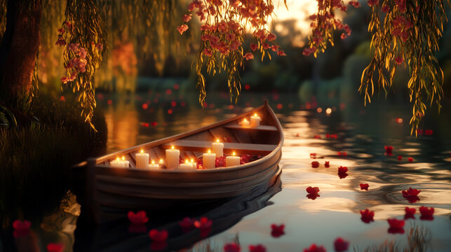 Romantic Evening Rowboat with Floating Candles and Serene Atmosphere, Perfect for Valentine's Day Celebration - Powered by Adobe