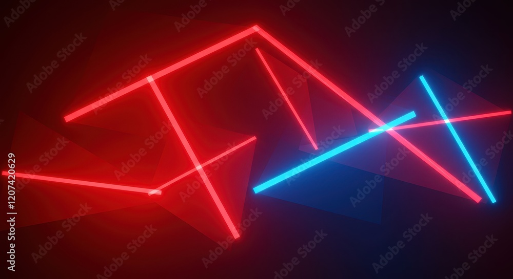 Poster abstract neon light pattern with red and blue glowing lines on dark background