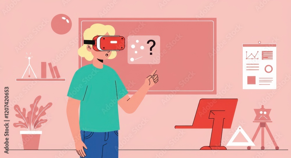 Poster person exploring virtual reality in modern classroom setting