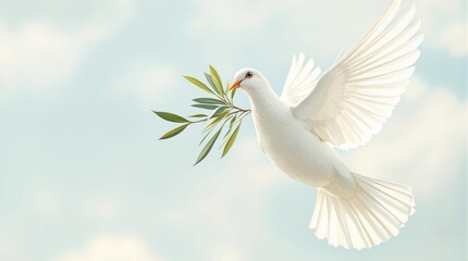 Obraz premium Peaceful dove flying with olive branch against clear blue sky