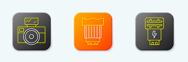 Set line Photo camera with flash, Camera photo lens and icon. Vector