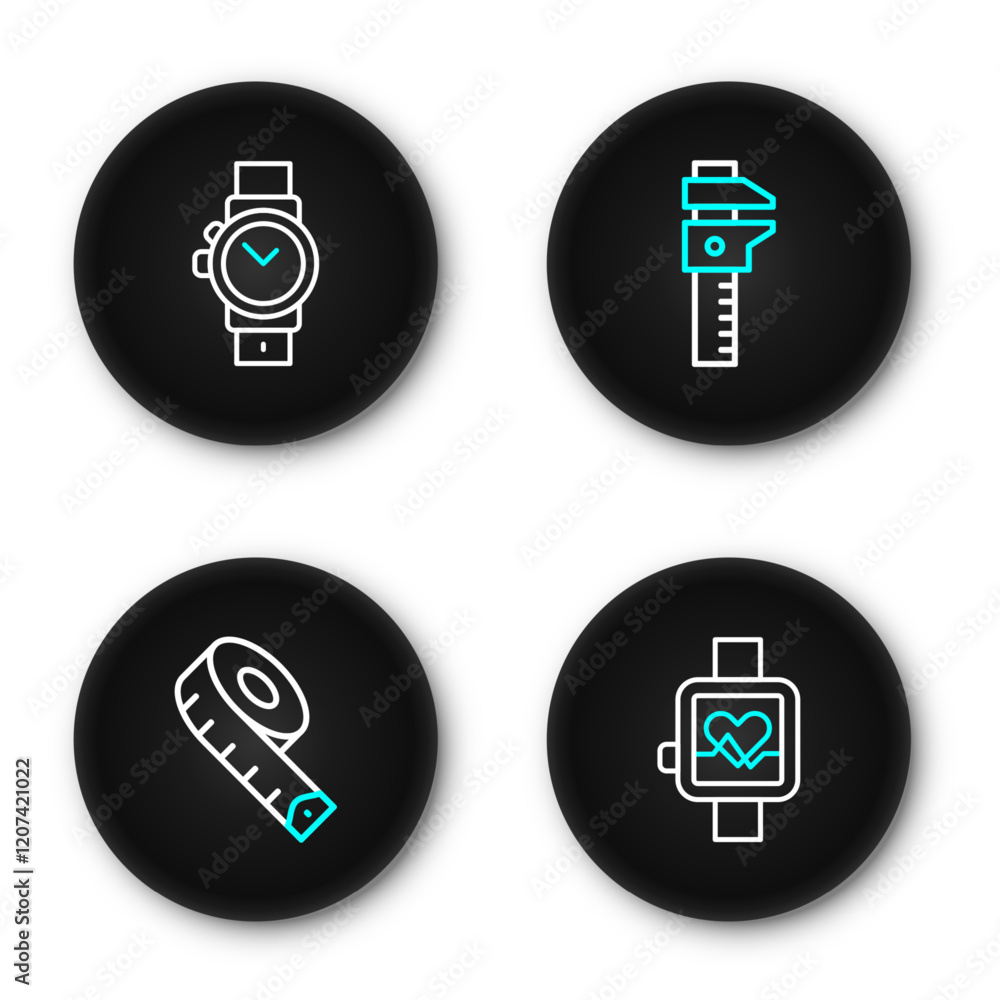Poster set line smart watch, measuring tape, calliper or caliper and scale and wrist icon. vector