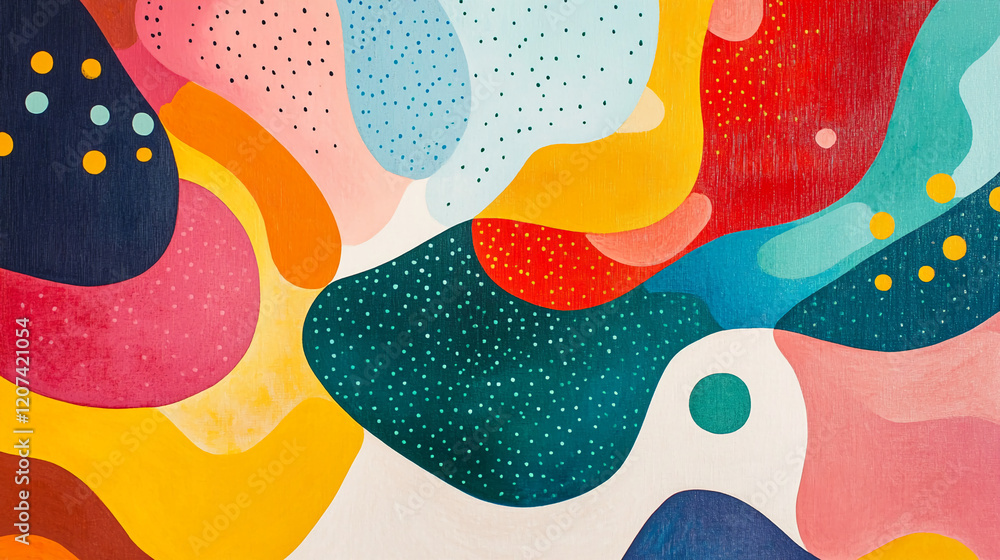Poster colorful abstract geometric pattern with bright shapes and polka dots in bold colors.
