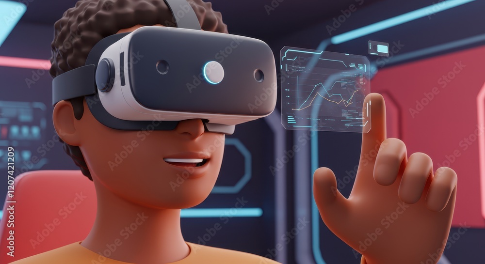 Poster virtual reality enthusiast interacting with futuristic graphs in immersive environment