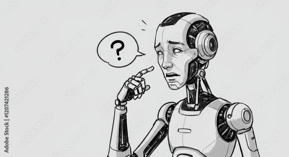 Poster confused robot illustrating artificial intelligence dilemma with question mark