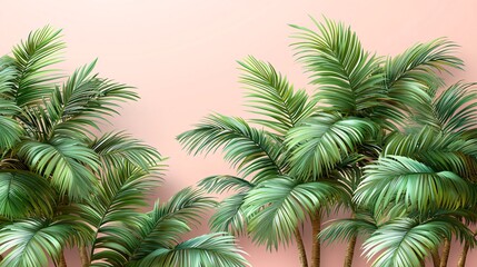 Lush palm tree leaves against a soft pink background creating a tropical and serene atmosphere
