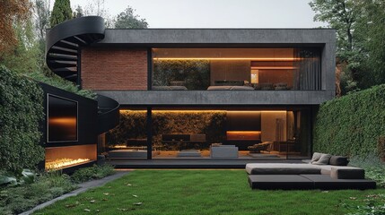 Obraz premium Modern concrete house with outdoor patio, fire pit, and lush greenery.
