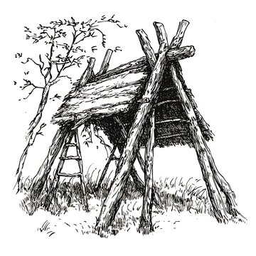 Simple rustic wooden lean-to shelter with ladder.