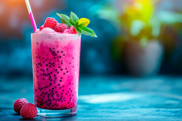 Название для фотостока (с подробным описанием): Bright Pink Dragon Fruit Smoothie with Chia Seeds, Raspberry Garnish, and a Blue Straw on a Textured Blue Surface.