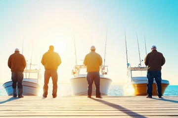 Four fishermen stand on a dock, gazing at their boats under a bright sky, ready for a day of fishing.