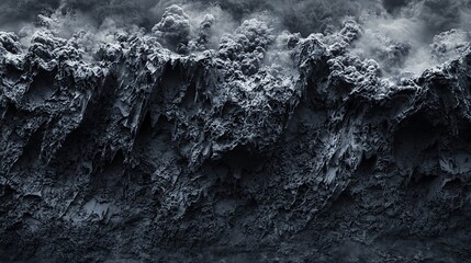 Dark, textured abstract landscape with rough, mountainous formations resembling a stormy, ominous sky.