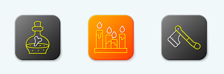 Set line Bottle with potion, Burning candle and Wooden axe icon. Vector