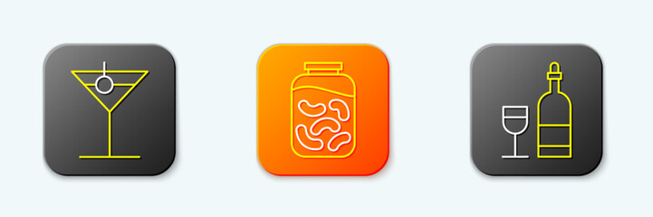 Set line Martini glass, Pickled cucumbers jar and Wine bottle with icon. Vector