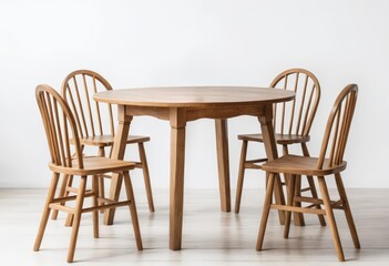 A rustic wooden dining table surrounded by four classic wooden chairs, perfectly arranged for a cozy dining experience with timeless charm and warmth.