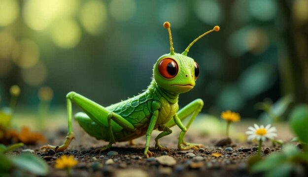 Adorable Cartoon Grasshopper in a Lush Green Meadow, Close-Up View of a 3D Rendered Insect