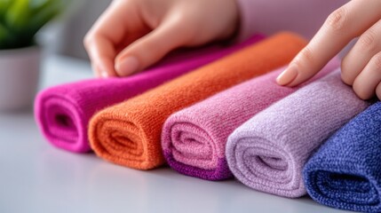 Organizing colorful towels on a table with careful attention to detail and arrangement