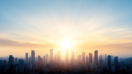 Fototapeta premium Stunning Sunrise Over Urban Skyline with Dramatic Rays of Light Casting a Warm Glow on Tall Buildings and Cityscape in Morning Atmosphere