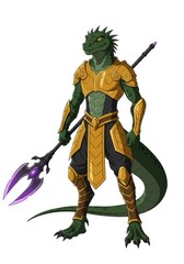 Obraz premium Fantasy lizard warrior with spear in golden armor standing confidently