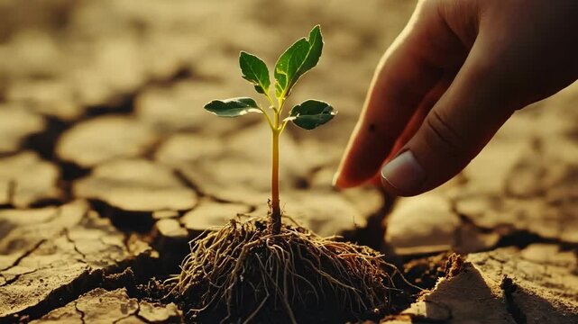 A small green seedling growing in dry, cracked soil with a hand gently touching it, symbolizing hope and environmental sustainability