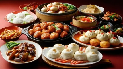 Chinese New Year Family Dinner: A Festive Table Adorned with Fish Balls, Stuffed Buns, and Red Decor, Capturing the Essence of Lunar Celebrations