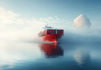 Majestic Container Ship Navigating Through a Misty Sea at Dawn, Showcasing Vibrant Colors and Calm Waters, Perfect for Maritime and Shipping Themes